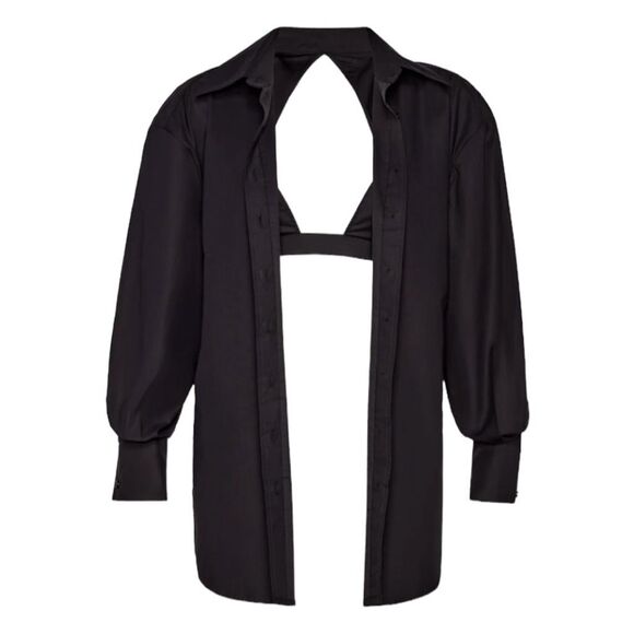 SER.O.YA Lydia Open Back Button Down Shirt Black Exaggerated Cuffs Built-In Bra - Picture 2 of 7